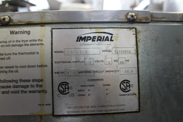 Imperial IFS-40-E Stainless Steel Commercial Electric Powered Deep Fat Fryer. 208 Volts, 3 Phase.  - Image 5 of 5