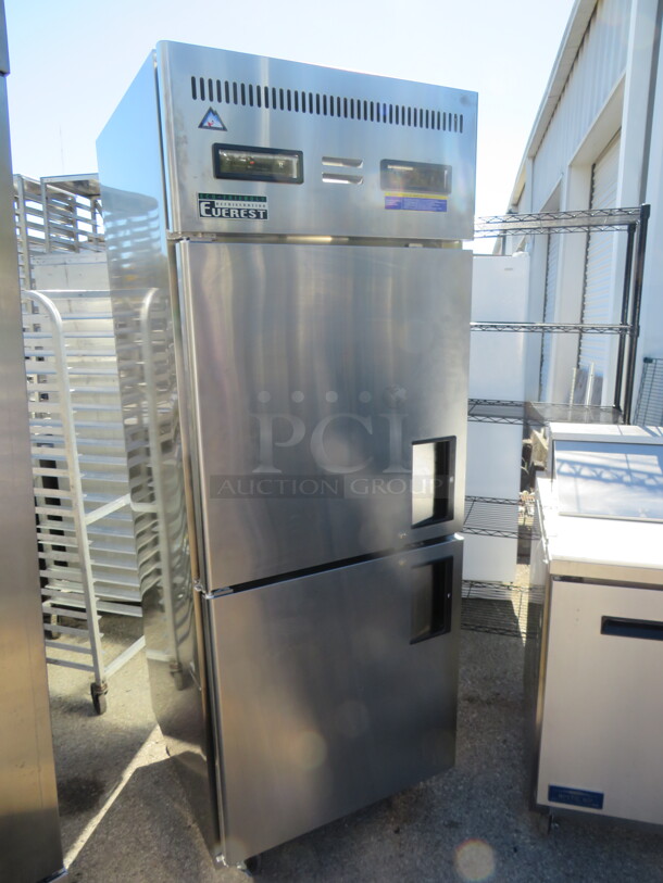 One WORKING Everest Dutch Door Refrigerator/Freezer, With 2 Racks On Casters. Model# ESRFH2-CH. 115 Volt. 28.5X32X79. $3609.00. - Image 2 of 5