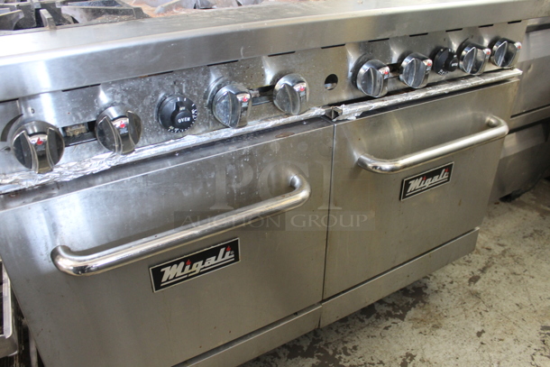 Migali C-RO8-NG Stainless Steel Commercial Natural Gas Powered 8 Burner Range w/ 2 Ovens, Over Shelf and Back Splash on Commercial Casters. - Image 5 of 12