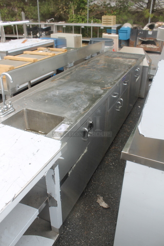 Stainless Steel Commercial Counter w/ Sink Bay, Faucet, Handles, 6 Doors and 2 Drawers. Bay 10x14x8
