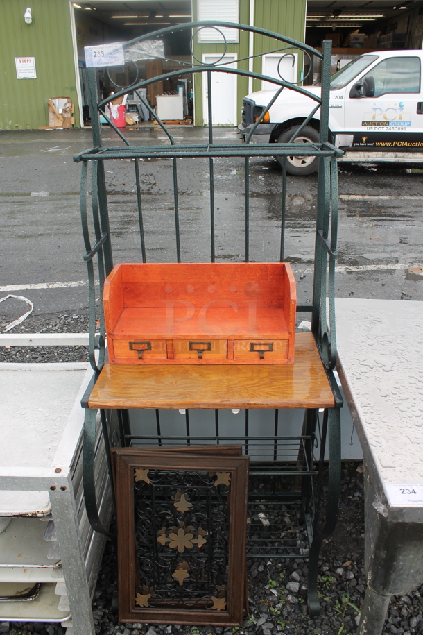 Green Metal Decorative Counter w/ Under Shelves and Over Shelf. Comes w/ 2 Framed Pictures and 3 Drawer Unit. - Image 1 of 3