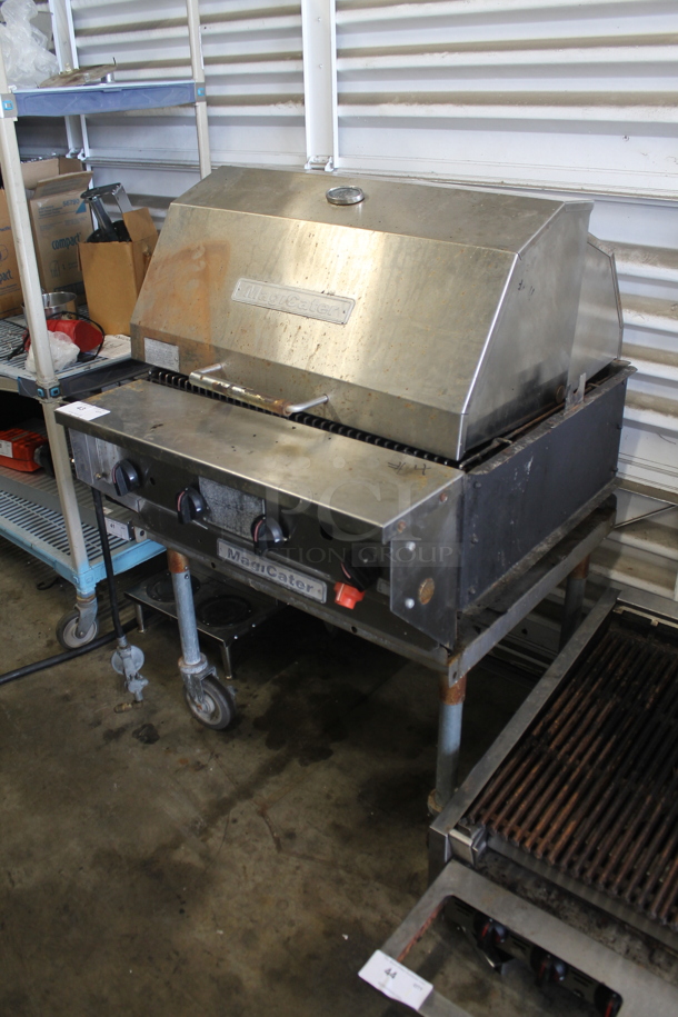 MagiCater Stainless Steel Commercial Floor Style Propane Gas Powered Charbroiler Grill w/ Rolling Lid on Commercial Casters. 