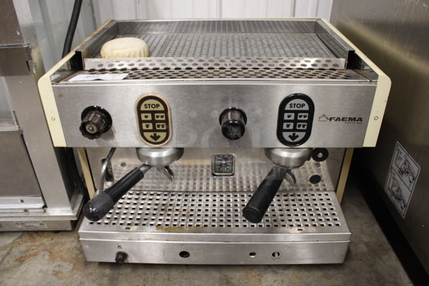 Faema Stainless Steel Commercial Countertop Two Group Espresso Machine w/ 2 Portafilters and Steam Wand. 24x21x17
