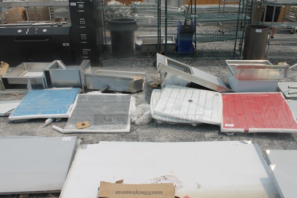 6 Outdoor Synthetic Teak Style Table Tops In White, Red, Gray, Blue With X-Shape Table Base. 6 Times Your Bid!  - Image 1 of 11