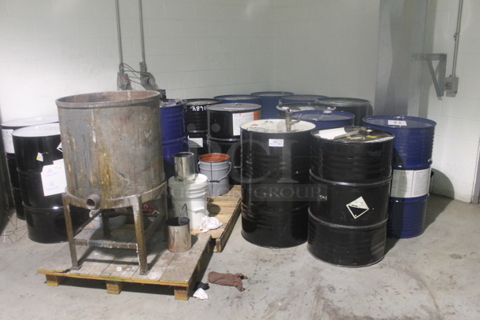 ALL ONE MONEY! Lot of 14 Barrels and 2 Pallets w/ Buckets and Metal Tank. BUYER MUST REMOVE.