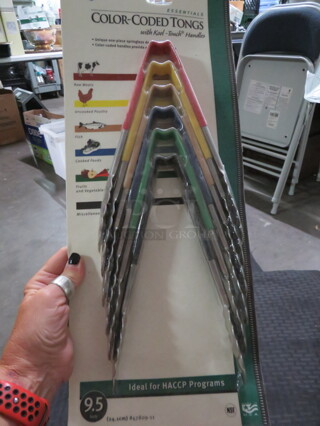 One Set Of 6 NEW 9.5 Inch Color Coded Tongs With Gator Grip Handles.