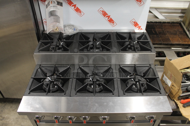 BRAND NEW SCRATCH AND DENT! Cooking Performance Group CPG 351S36SUL Stainless Steel Commercial Propane Gas Powered 2 Tier 6 Burner Range w/ Oven, Back Splash and Over Shelf. 210,000 BTU. Tested and Working!
 - Image 2 of 8