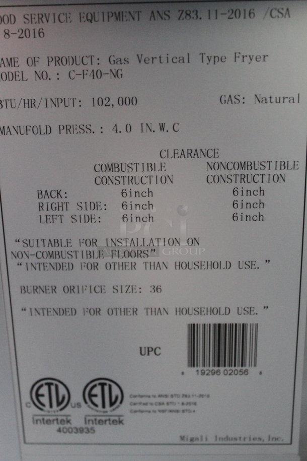 BRAND NEW SCRATCH AND DENT! 2016 Migali C-F40-NG Stainless Steel Commercial Floor Style Natural Gas Powered Deep Fat Fryer. 102,000 BTU.  - Image 7 of 7