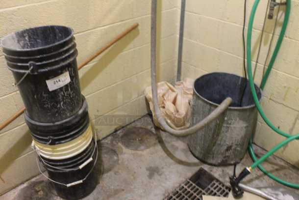 ALL ONE MONEY! Lot of Various Items Including Yellow Poly Mop Bucket, Poly Buckets, Orange Cones and Mops. BUYER MUST REMOVE. - Image 3 of 5