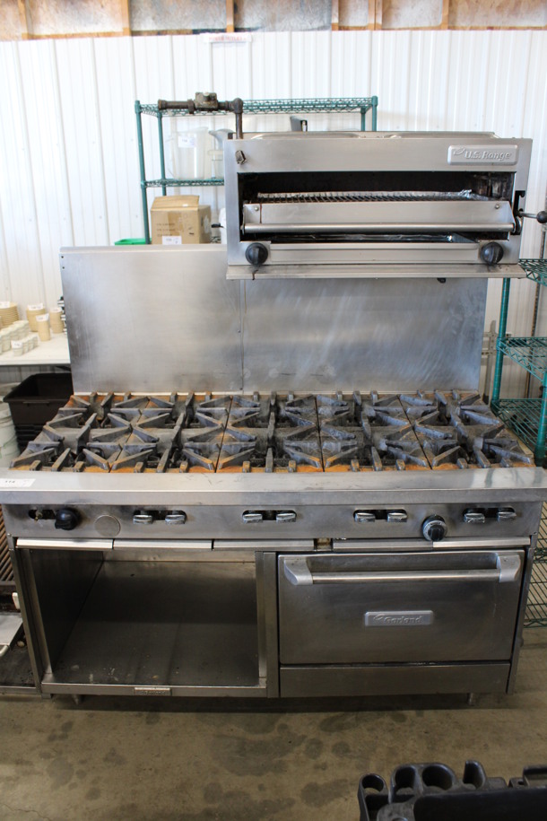 Garland Stainless Steel Commercial Natural Gas Powered 10 Burner Range w/ Oven, Under Shelf and US Range Salamander Cheese Melter. 59x35x69