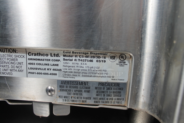 2019 Crathco CS-4E/2D/3D-16 Stainless Steel Commercial Countertop 4 Hopper Refrigerated Beverage Machine. 120 Volts, 1 Phase. Tested and Working! - Image 6 of 7