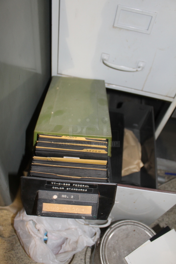 ALL ONE MONEY! Lot of Gray Cabinet w/ Contents Including Metal Filing Bin. BUYER MUST REMOVE. - Image 4 of 4