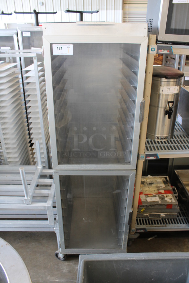 Metal Commercial Enclosed Pan Transport Rack w/ 2 Half Size View Through Doors on Commercial Casters. 22x28x70.5