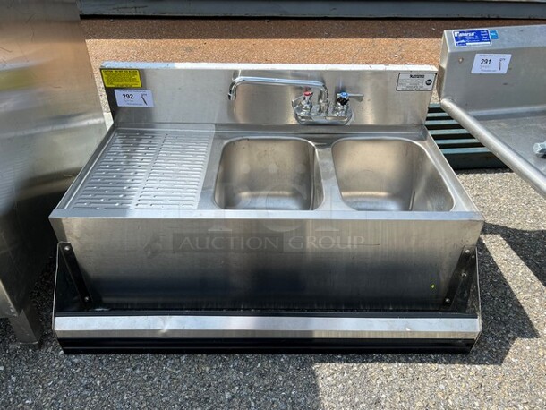 Krowne Stainless Steel Commercial 2 Bay Back Bar Sink w/ Left Side Drainboards, Faucet, Handles and Speedwell. 36x24x19. Bays 10x14x9. Drainboard 12x16x1