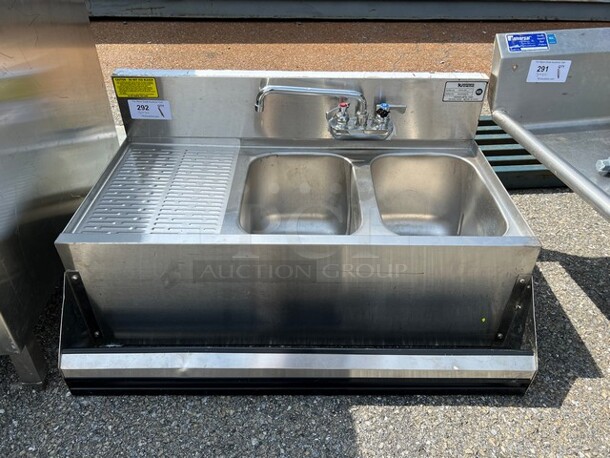 Krowne Stainless Steel Commercial 2 Bay Back Bar Sink w/ Left Side Drainboards, Faucet, Handles and Speedwell. 36x24x19. Bays 10x14x9. Drainboard 12x16x1 - Image 1 of 4
