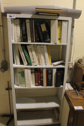 White Metal Bookshelf w/ Contents.