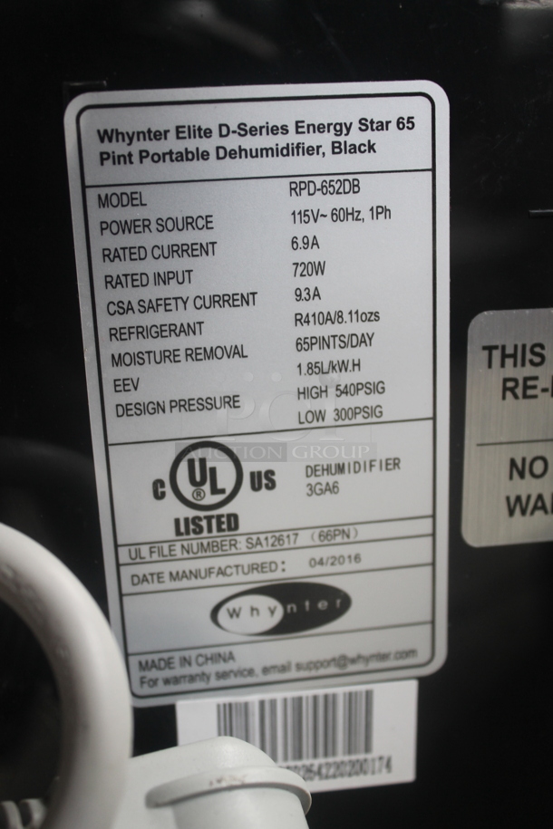 BRAND NEW SCRATCH AND DENT! Whynter RPD-652DB Elite D-Series 65 Pint Portable Dehumidifier, Black. 115V, 1 Phase. Tested and Working!  - Image 5 of 5