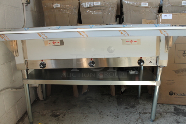 BRAND NEW SCRATCH AND DENT! Advance Tabco SW-3E-120 Stainless Steel Commercial Electric Powered 3 Bay Steam Table w/ Under Shelf. 120 Volts, 1 Phase. Tested and Working! - Image 2 of 4