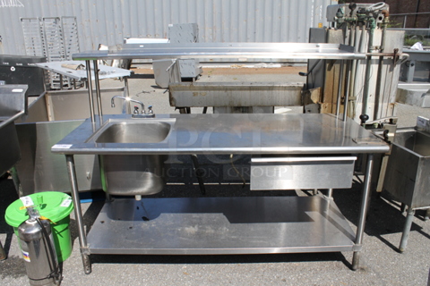Stainless Steel Commercial Table w/ Sink Bay, Drawer, Over Shelf and Under Shelf.