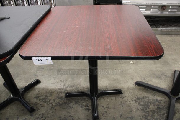 Wood Pattern Tabletop on Black Metal Table Base. Stock Picture - Cosmetic Condition May Vary. 30x30x30