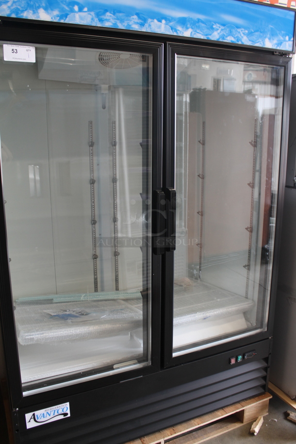 BRAND NEW SCRATCH AND DENT! 2023 Avantco 178GDC49HCB Black Metal Commercial 2 Door Cooler Merchandiser w/ LED Lighting and Poly Coated Racks. 115 Volts, 1 Phase. Tested and Working! - Image 4 of 12