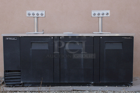 NICE! True Kegerator, 3 Door, Dual T-Box, 8 Tap With Glass Washer. In Working Condition When Removed. Has Been Stored Outside 90-3/8"x27-1/8"x37"