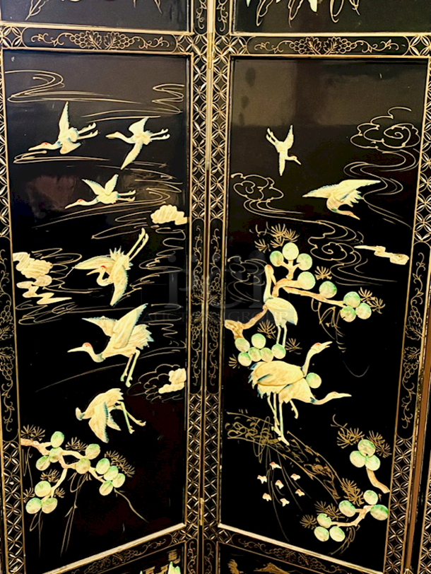 BEAUTIFUL!! Adjustable 4 Panel Room Divider, Different Designs On Front & Back Wood. Minor Signs of Ware, 71” Wide. - Image 5 of 12