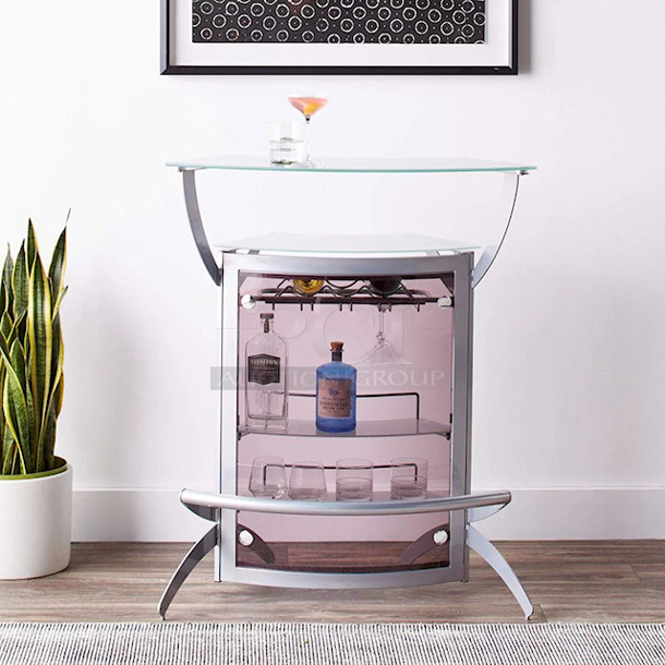 SWEET!! 2-Shelf Bar Unit with Glass Top Silver, Frosted and Smoke. Connect Multiple Units To Create A Large Bar