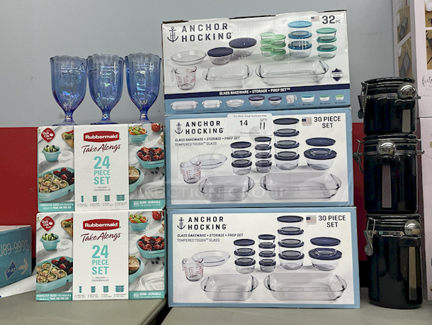 KITCHEN STORAGE!! (2) Rubbermaid Take Alongs 24pc Seets; (2) Anchor Hocking 32pc Tempered Tough Glass Bakeware – Storage – Prep Set; (1) Anchor Hocking 30pc Tempered Tough Glass Bakeware – Storage – Prep Set; (1) 3-pc Ceramic Storage Containers With Spoons, (1) Set Of Three Glasses.