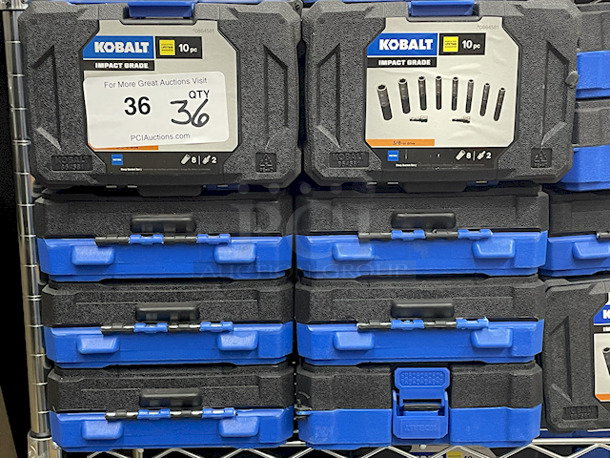 MASSIVE!! [36-ITEMS] NEW/NEVER USED!! Kobalt 80827 10-Piece Standard (SAE) 3/8-in Drive Set 6-Point Impact Deep Socket Set In Hard Case. Contains: 8 Sockets and (2) 3/8” x 1/4” Drill Adapters. 36x Your Bid. 