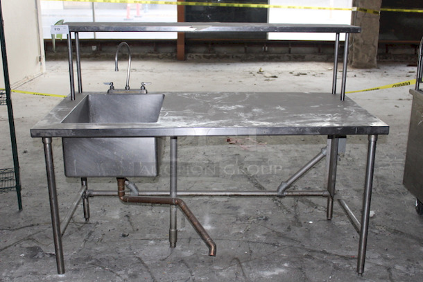 PERFECT! Stainless Steel Prep-Table With Left Side, Sink, Plumbing, Over-Shelf and Under-Shelf.