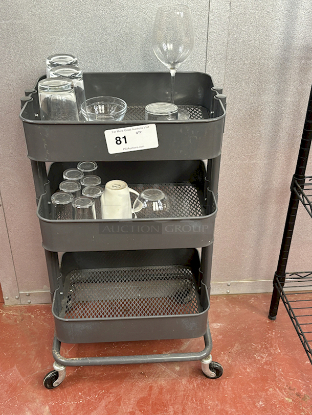 NICE!! 3 Shelf Rolling Cart Perfect For Glass Transport. Includes Glasses. - Image 7 of 7