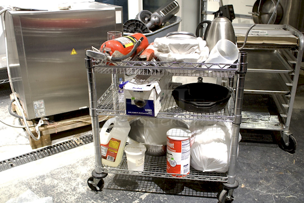 HUGE LOT! 3 Wire Shelf Utility Cart. Does Not Include Cast Iron Pan.  - Image 2 of 4