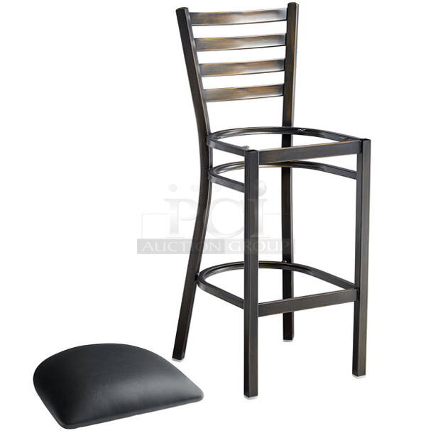 BRAND NEW SCRATCH & DENT! Lancaster Table & Seating (10) Black Finish Cross Back & (1) Distressed Copper Finish Ladder Back Bar Stools with 2 1/2" Navy Vinyl Padded Seat. 11x Your Bid  - Image 4 of 12