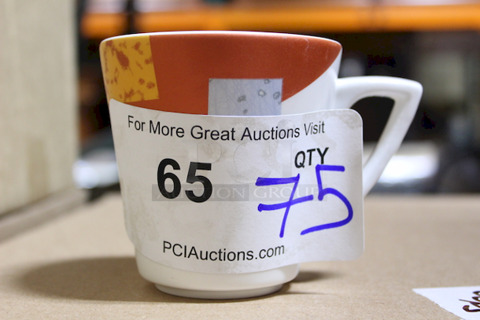 HUGE LOT! Steelite 75 Coffee Cups White With Copper Pattern With Glass Racks. 75x Your Bid. 