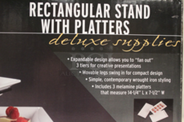 NEW, NEVER USED! American Metalcraft TTMEL3 Ironworks Three-Tier Foldable Rectangular Display Stand With Melamine Platters. This Set Comes With (3) 14 1/4" X 7 1/2" Melamine Platters That Perfectly Nest In The Wrought Iron Stand, Each Of The 3 Legs Can Fan Out To Any Width You Choose.  - Image 2 of 5