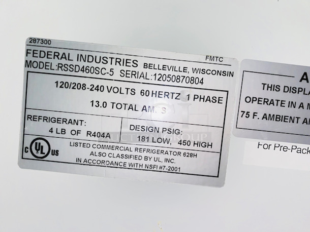 2 For 1!! Federal Industries RSSD460SC-5 Open Air Self Serve Merchandisers. On Commercial Casters. 
Tested. Turned On and Gets Cold. 
Condition 8/10                                                                              
47.-1/4"x 35-1/4"x 60-1/4"
120/208-240v, 60Hz, 1Ph, 13 Total Amps

 - Image 3 of 3