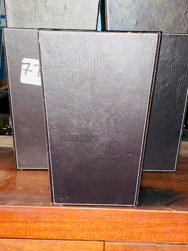 Huge Lot of 13 Decorative Faux Leather Waste Receptacles + Wood Stand on Commercial Casters.  - Image 3 of 4