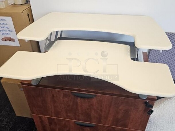 1 VariDesk Pro Plus 36 adjustable height/ sit- stand desk. Is in great condition with minor signs of use. Turn any surface into a workspace instantly! It is off white and silver metal in color and measures 4.5” to 17.5” H x 36” W. 

 - Image 1 of 3