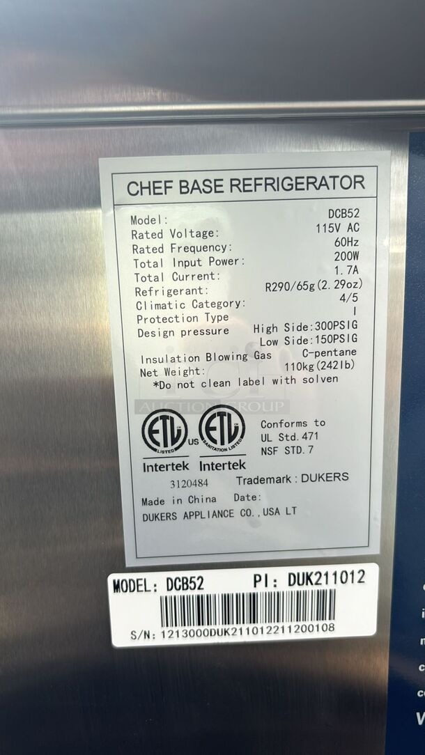 BRAND NEW scratch & dent DCB52-D2 Chef Base Refrigerator with 2 Drawers
 - Image 5 of 5