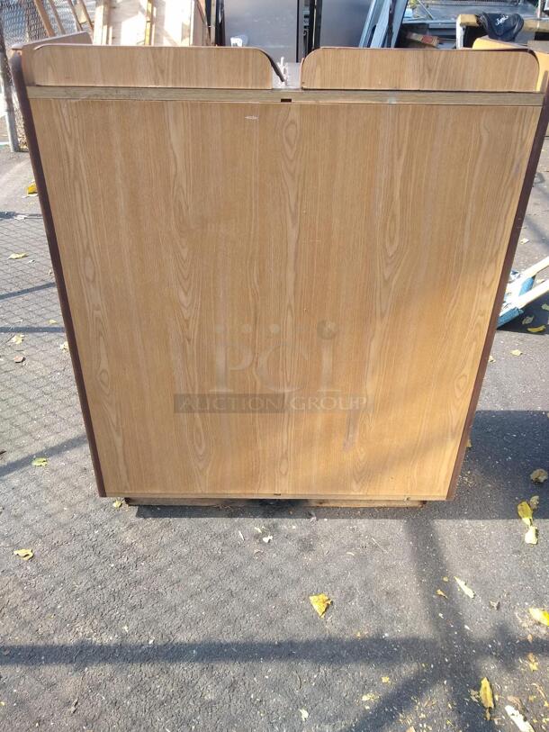 "THANK YOU!" LAMINATED WOODEN DOUBLE RESTAURANT TRASH CAN WITH CABINETS AND TRAY TOP - Image 5 of 5