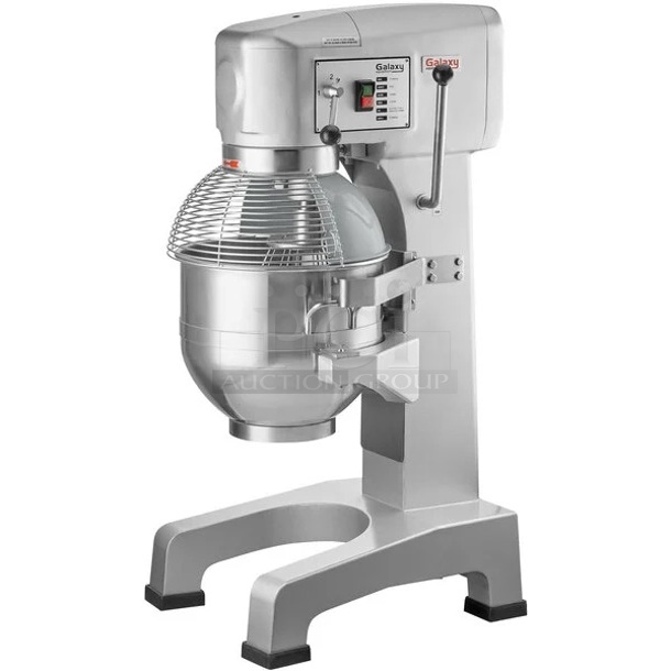 BRAND NEW SCRATCH & DENT! Galaxy GMIX30 30 Qt. Planetary Floor Mixer with Guard, Bowl and Attachments. - 120V, 3 hp - Minor Superficial Scuffing and Scratching.