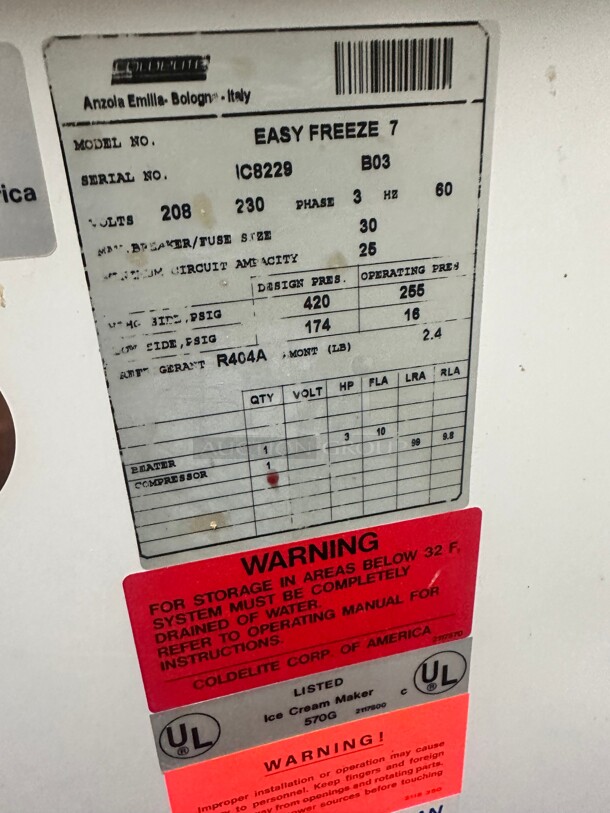 Coldelite Easy Freeze 7 20 Quart Horizontal Batch Freezer - 208-230V, 3 Phase Working Missing Front Cover - Image 9 of 11