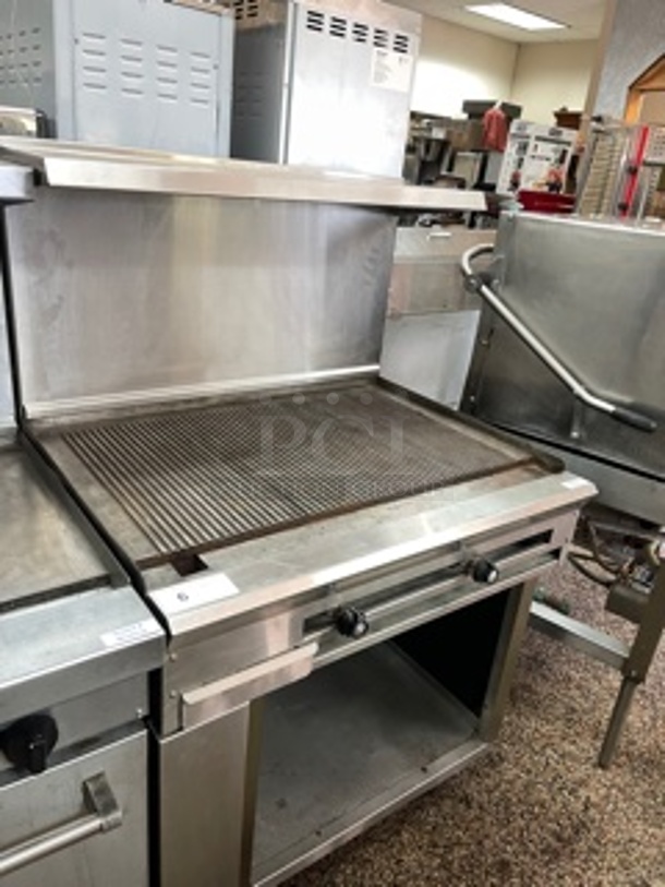 American Range 36 inch Natural Gas Commercial Grooved Griddle Thermostatic Control NSF with Over shelf  Highly Polished 1 - Image 4 of 4