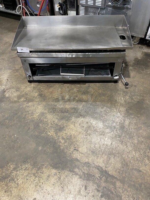 Commercial Natural Gas Powered Countertop Flat Top Griddle And Cheese Melter Combo! With Back And Side Splashes! All Stainless Steel!