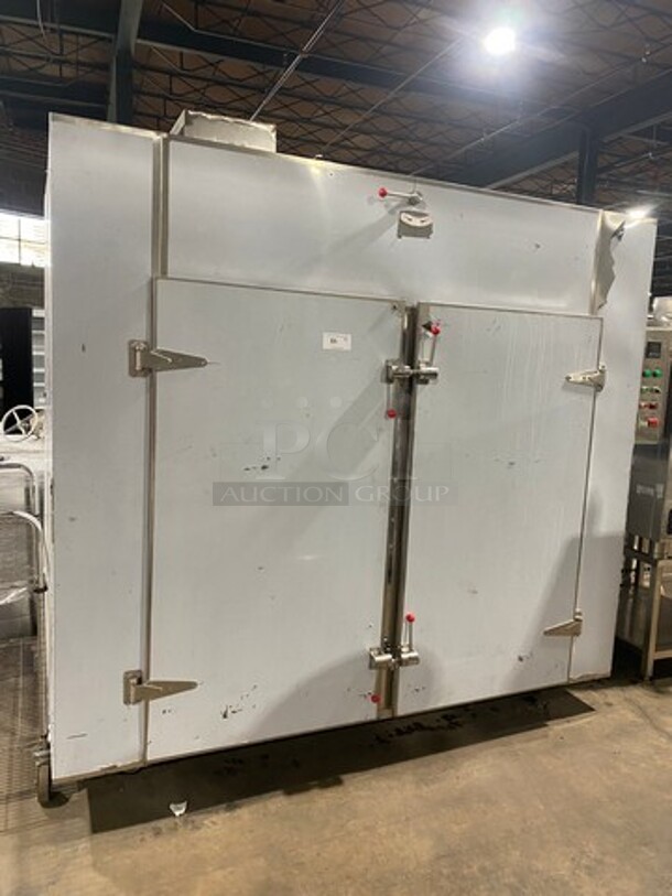 AMAZING! BRAND NEW! NEVER USED! Solid Stainless Steel Commercial 2 Door Roll In Rack Smoker Box! With Racks And Pans Included! - Image 1 of 11