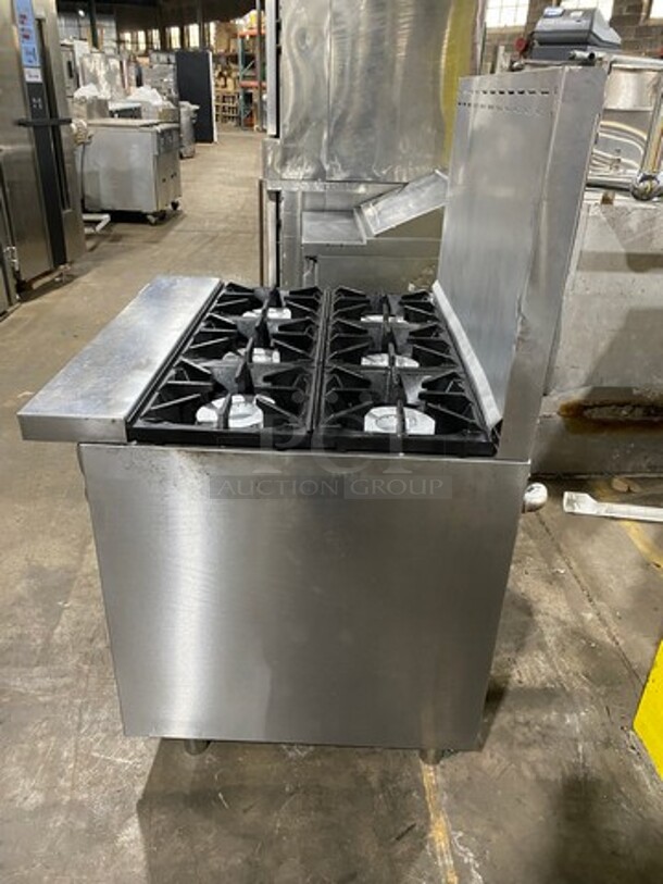 Bakers Pride Commercial Natural Gas Powered 6 Burner Stove! With Raised Back Splash! With Oven Underneath! All Stainless Steel! On Legs! Model: 36BP6BS30N SN: 9910518050013 - Image 3 of 10