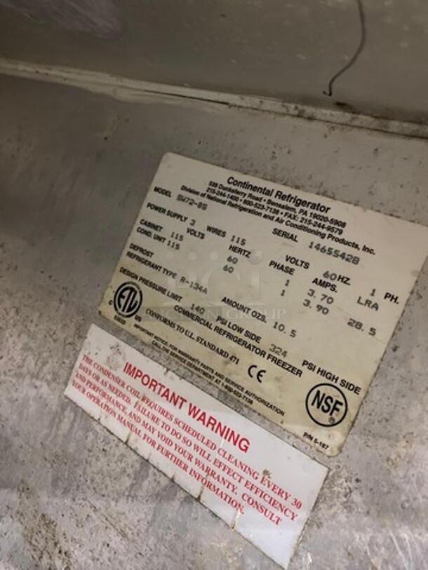 Continental Commercial Worktop/ Lowboy Cooler! With Backsplash! With 3 Door Refrigerated Storage Space Underneath! With Poly Coated Racks! All Stainless Steel! Model: SW72BS SN: 14655428 115V 60HZ 1 Phase - Image 6 of 8