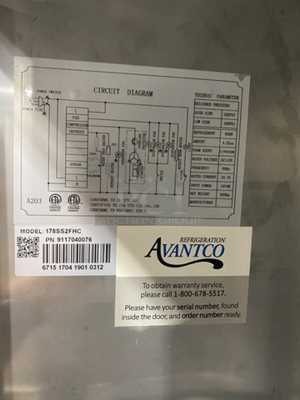 Nice! Avantco 2 Door Stainless Steel Reach In Freezer! With Poly Coated Racks! Model 178SS2FHC Serial 6715170419010312! 115V1 Phase! Working When Removed! On Casters! - Image 6 of 9
