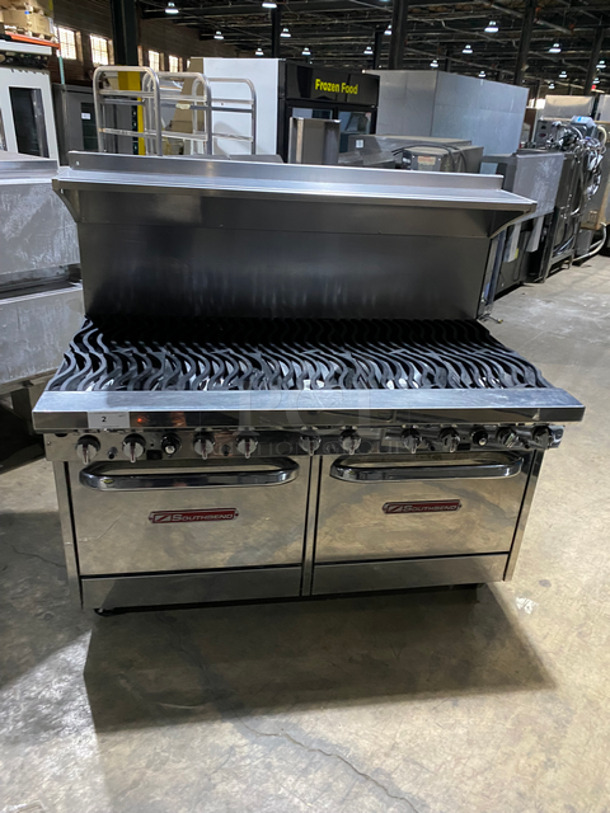 MUST HAVE! Southbend Commercial Natural Gas Powered 10 Burner Stove! With 2 Full Size Ovens!  One Oven Convection/One Regular Oven! With Metal Oven Racks! With Backsplash And Over Head Salamander Shelf! Solid Stainless Steel! On Casters! Model: S560AD-W SN: 07F46762 120V 60HZ 1 Phase